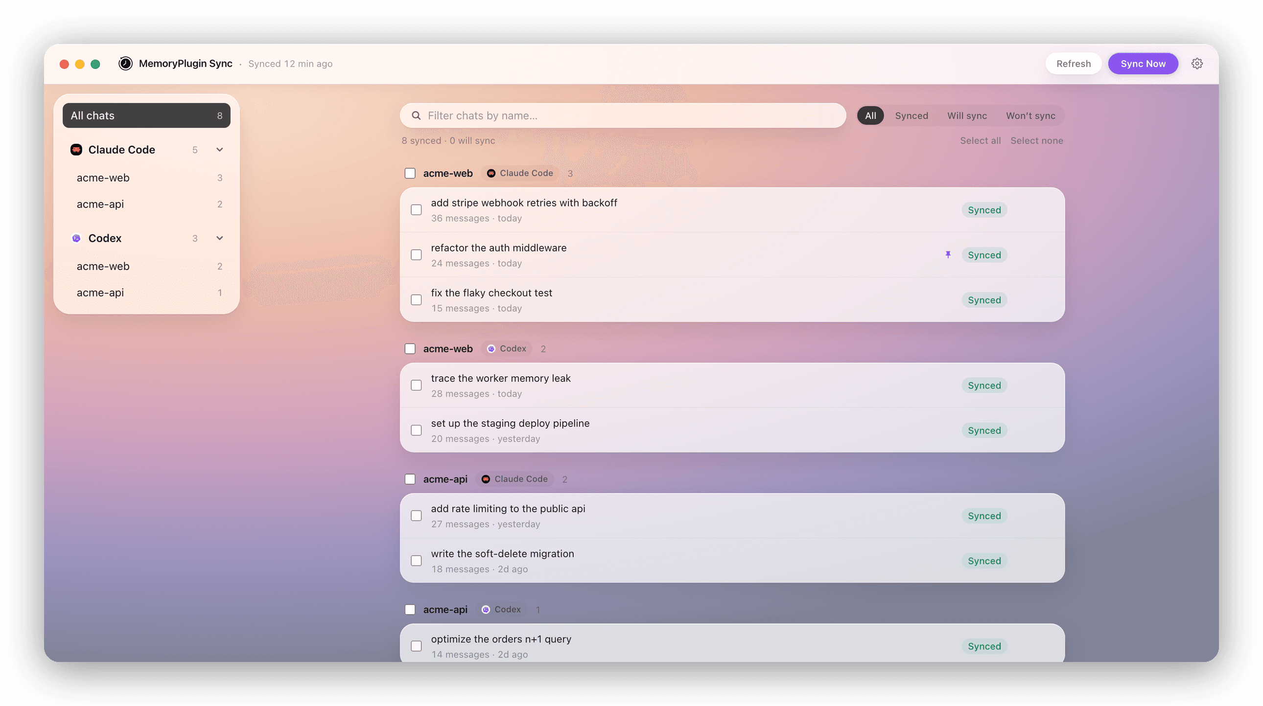 MemoryPlugin Sync: Claude Code and Codex conversations, organized by project and synced to your MemoryPlugin chat history