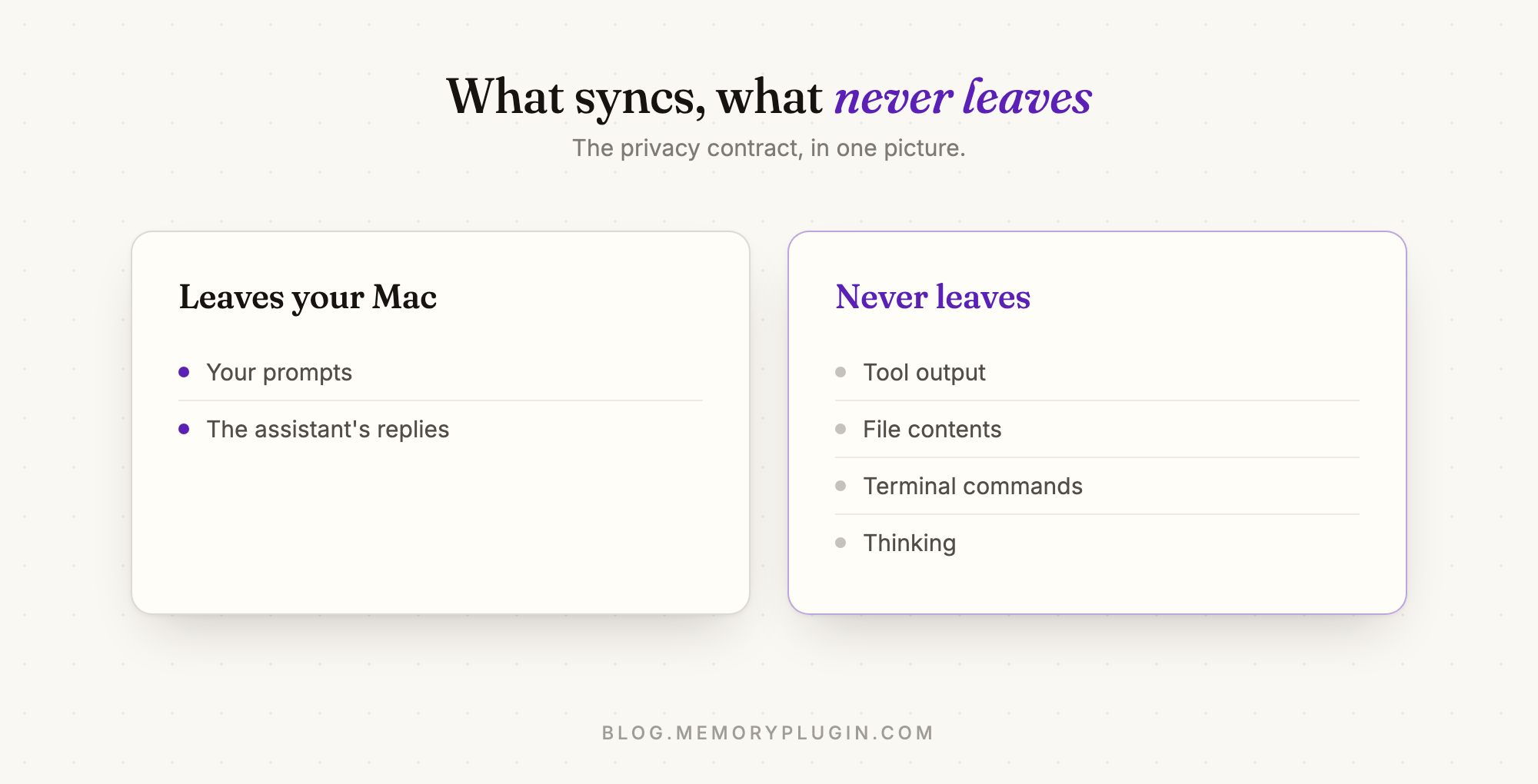 Two cards: prompts and assistant replies leave your Mac; tool output, file contents, terminal commands, and thinking never leave