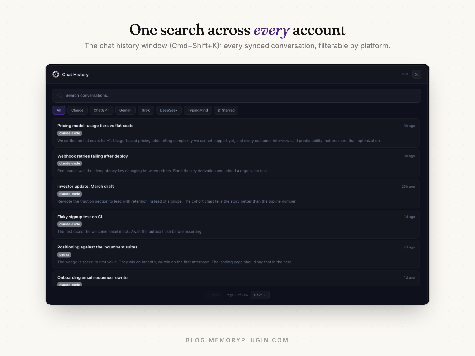 The MemoryPlugin chat history search window opened with Cmd+Shift+K, showing conversations from Claude, Claude Code, and Codex in one searchable list with platform filter tabs